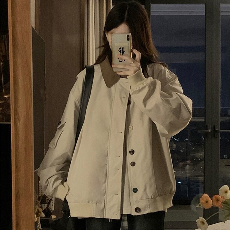 日系复古设计感拼色翻领工装夹克女春季灯芯绒百搭纽扣 C838-P100图片