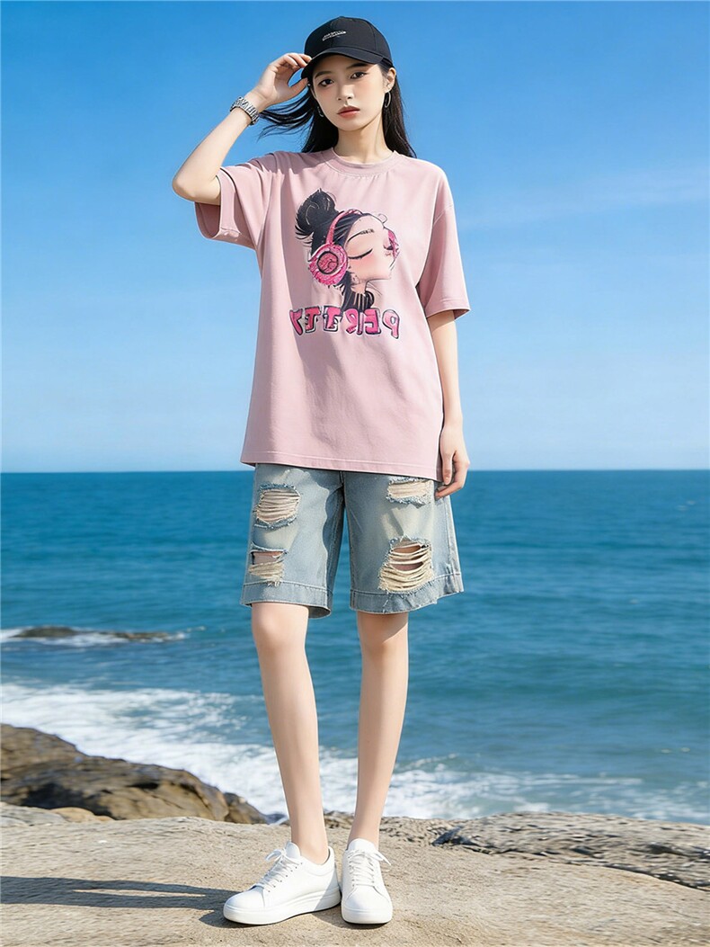 盐系穿搭休闲时尚套装女夏设计感圆领印花短袖破洞牛仔短裤两件套,女装套装/套裙,江南