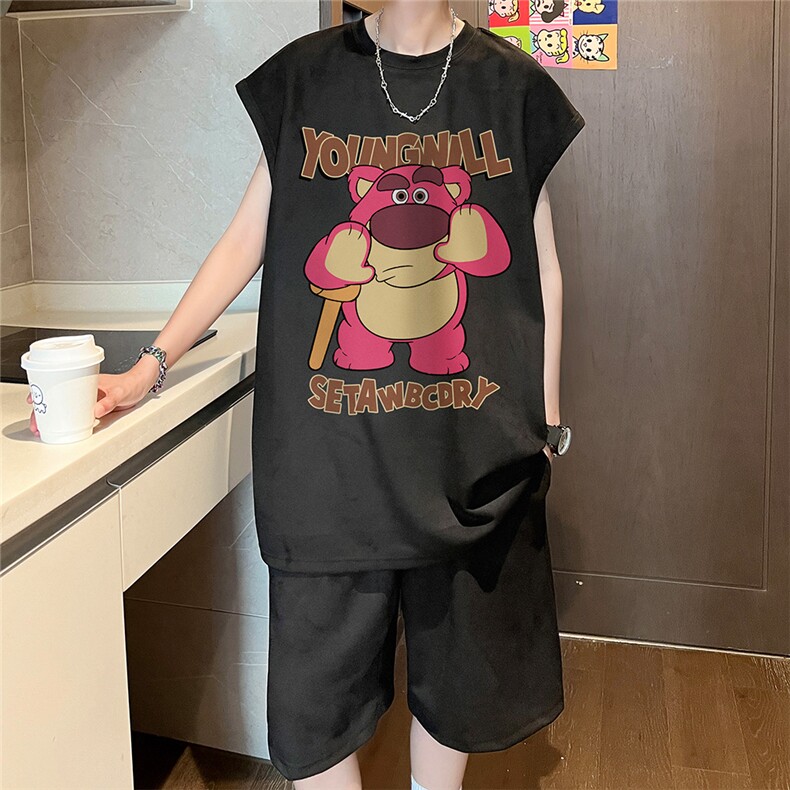 直播美式麂皮绒宽松背心无袖t恤短裤大码两件套套装TZ100-P58,男装T恤,电商A486