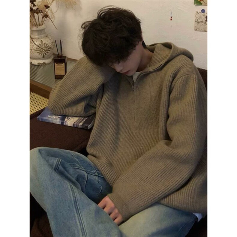 【有货】D3115-P55半拉链毛衣男秋冬慵懒风美式连帽针织衫外套图片