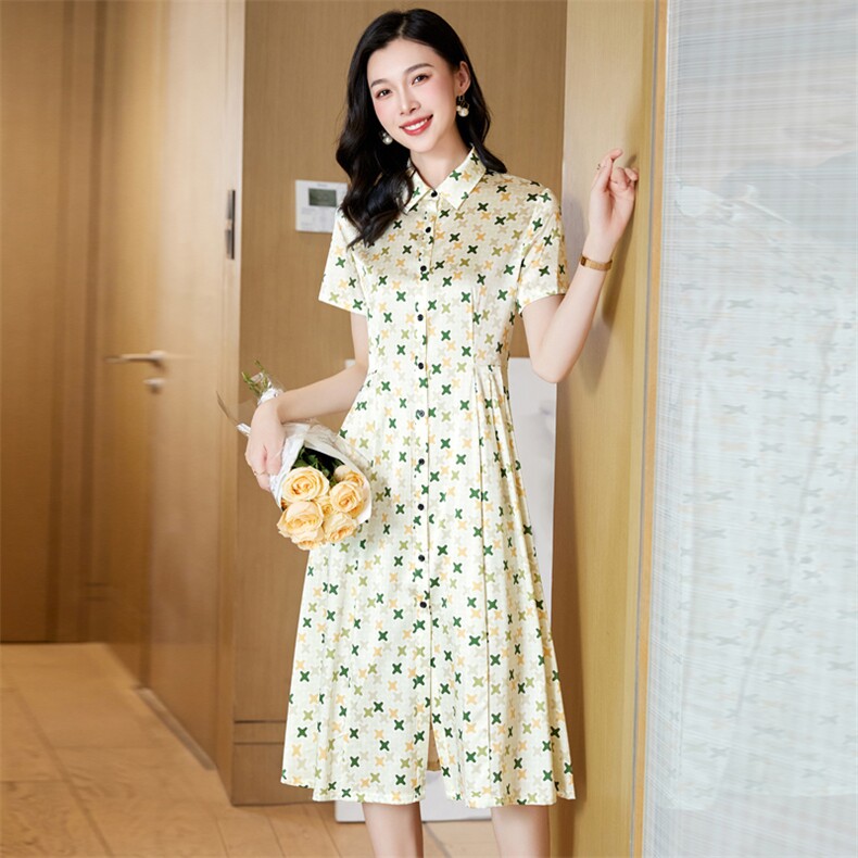 杭州重磅真丝桑蚕丝连衣裙女高端大牌2025新款夏季碎花妈妈衬衫裙,女装连衣裙,阿舍尔精品