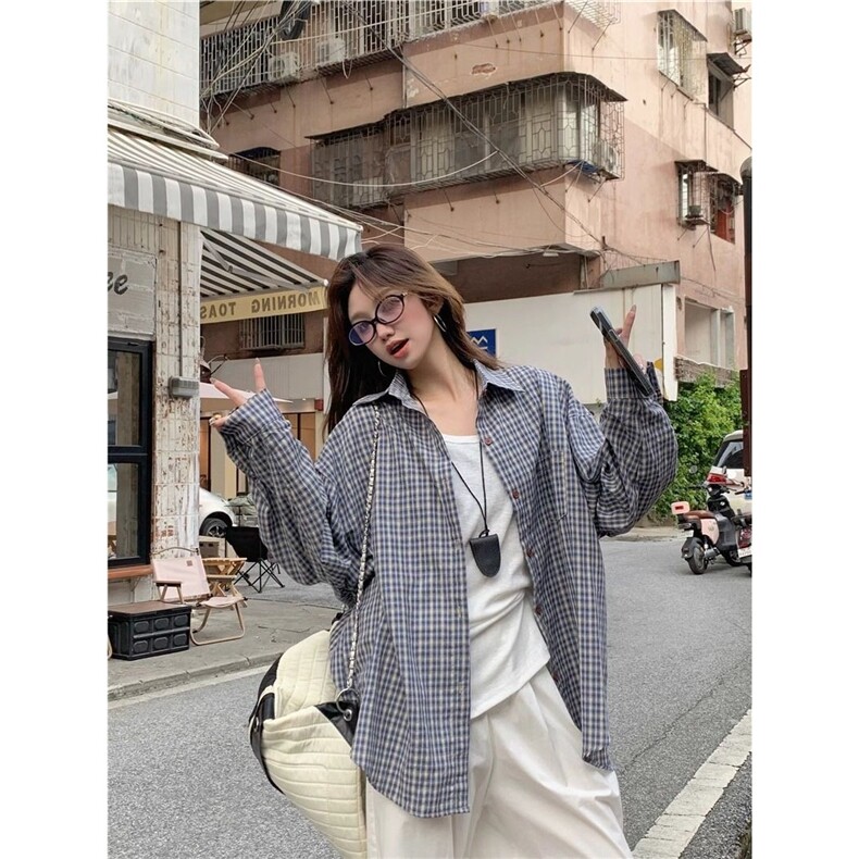 格子衬衫女慵懒风2025春夏韩系宽松休闲衬衣复古长袖防晒上衣外套图片