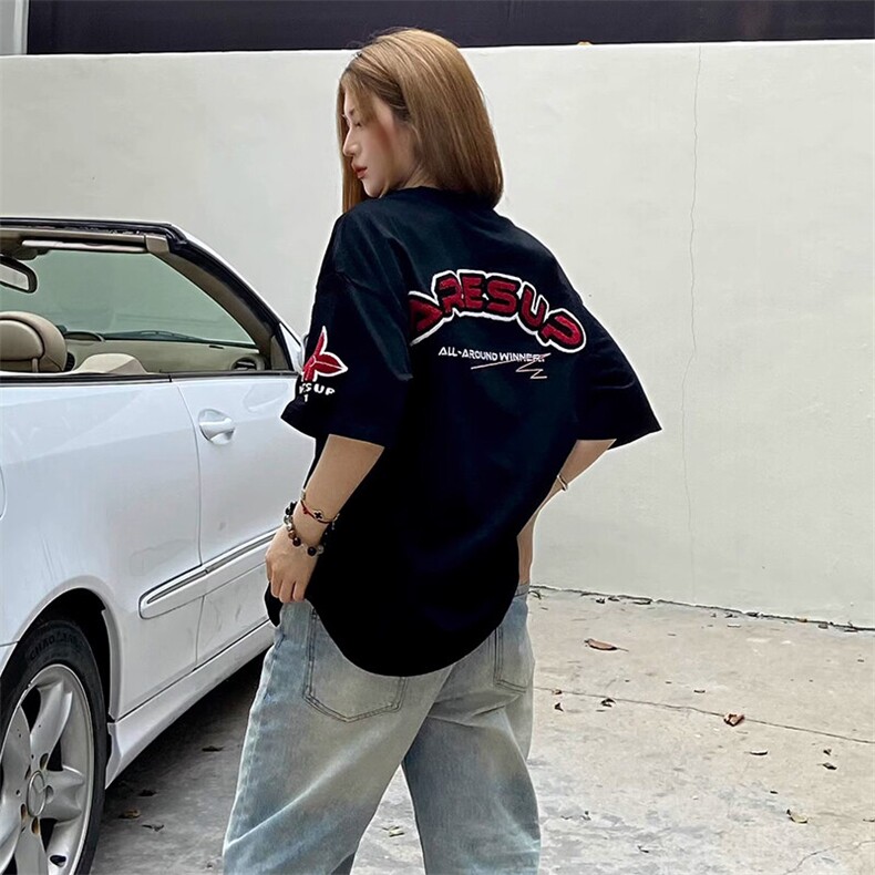 万针全刺绣工艺抖音得物高品质260克重磅纯棉双纱美式高街短袖T恤,男装T恤,电商A486