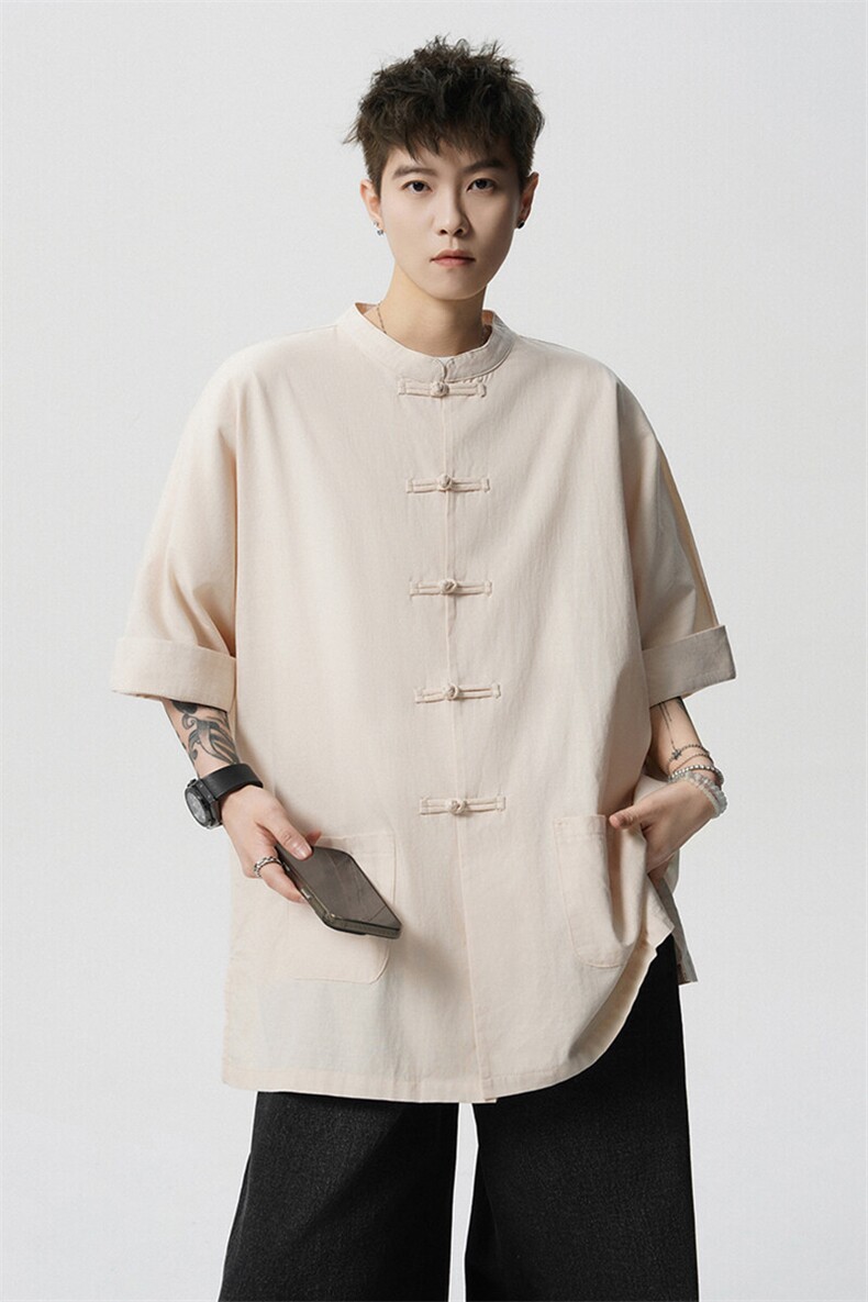 8XL-M新中式衬衫男中山装麻棉风复古中袖衬衣唐装CS527P60,男装衬衫,电商D206-1