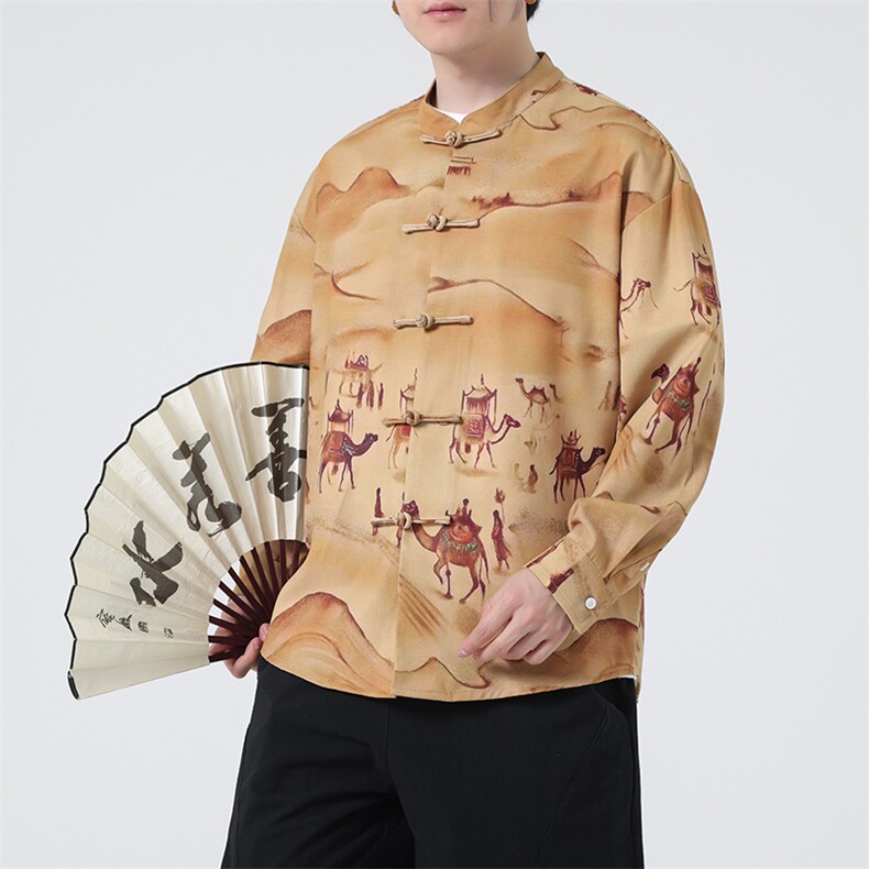 原创新中式春夏新品{敦煌壁画}数码印花风立领长袖衬衫31219,男装衬衫,星座305A（原312A-1）