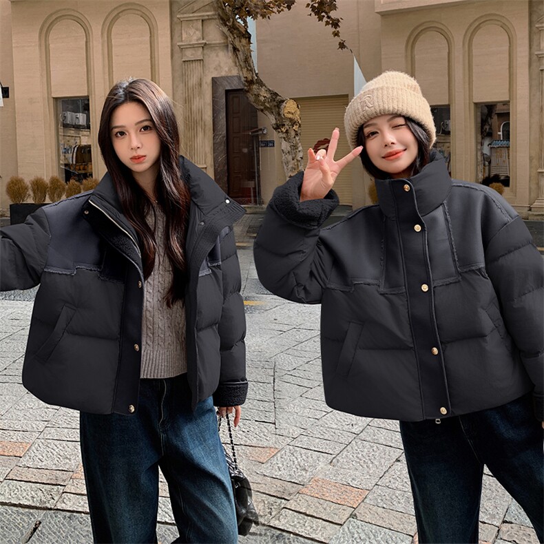长袖立领直筒型常规拉链2026年冬季白鸭绒插肩袖PU拼接羽绒服,女装羽绒服,微微衣阁