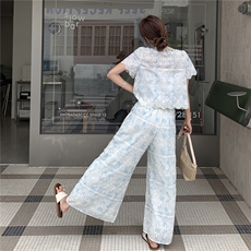 小香风漂亮晕染上衣阔腿裤套装女夏2025新款两件套日绝美俏皮爆款，女装套装/套裙，2C105