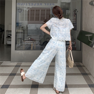 小香风漂亮晕染上衣阔腿裤套装女夏2025新款两件套日绝美俏皮爆款图片