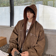 1连帽PU皮假两件复古金属装饰大码M-5XL夹克男JK77767P108控148，男装夹克，星座226-2