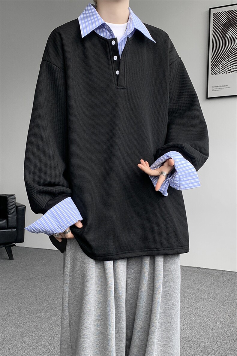 M-8XL假两件撞色polo衬衫翻领卫衣亨利领大码长袖上衣WY5117特P45,男装衬衫,电商B238