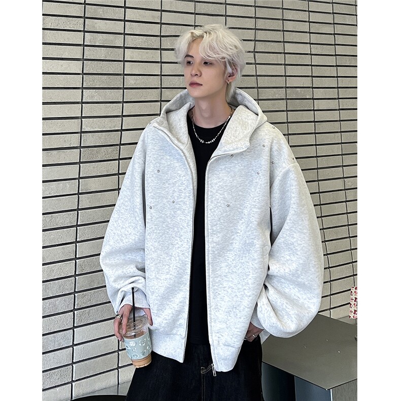 铆钉连帽卫衣男女款秋季美式复古廓形情侣开衫外套JK605-P78,女装短外套,电商C307