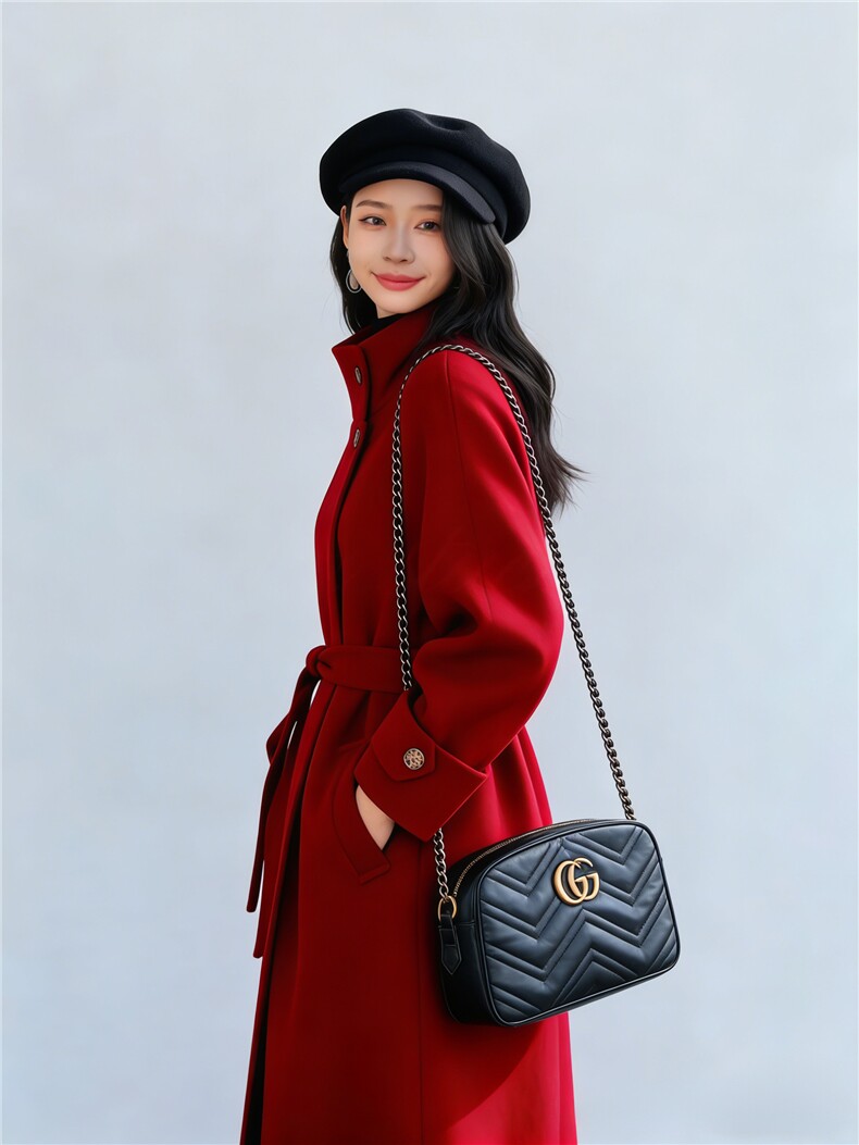 红色羽绒内胆毛呢外套女长款2025冬季新款时尚加厚赫本风呢子大衣,女装毛呢外套,纪茹
