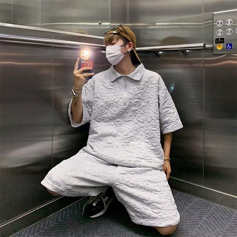 夏季新款半拉链衬衫男短袖polo衫五分裤潮套装P45,男装休闲套装,星座1116-2