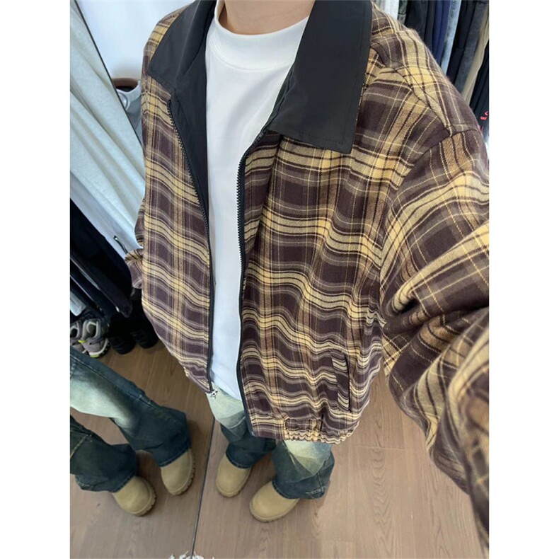 双面穿格子外套男款2024春秋季飞行员夹克宽松复古棒球服J8887,男装夹克,星座1116A-1（原606A）
