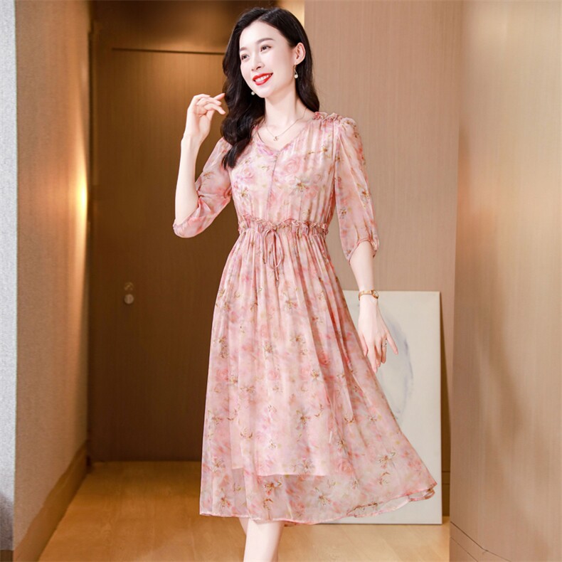 真丝连衣裙2025夏季新款大码女装衣服桑蚕丝高端精致气质碎花裙子,女装连衣裙,阿舍尔精品