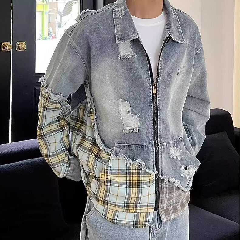 刺绣牛仔短外套男秋装2025春秋宽松时尚显瘦夹克长袖上衣 J2582图片