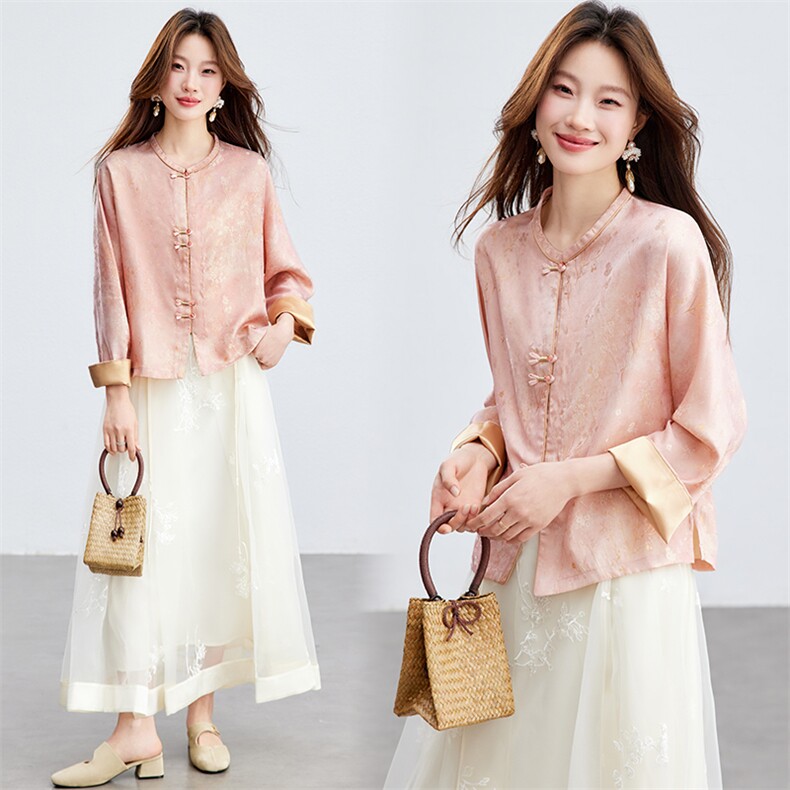 在仓~薄款人丝提花圆领盘扣插肩袖上衣轻薄外套透气时尚潮流外套，女装短外套，新依时派