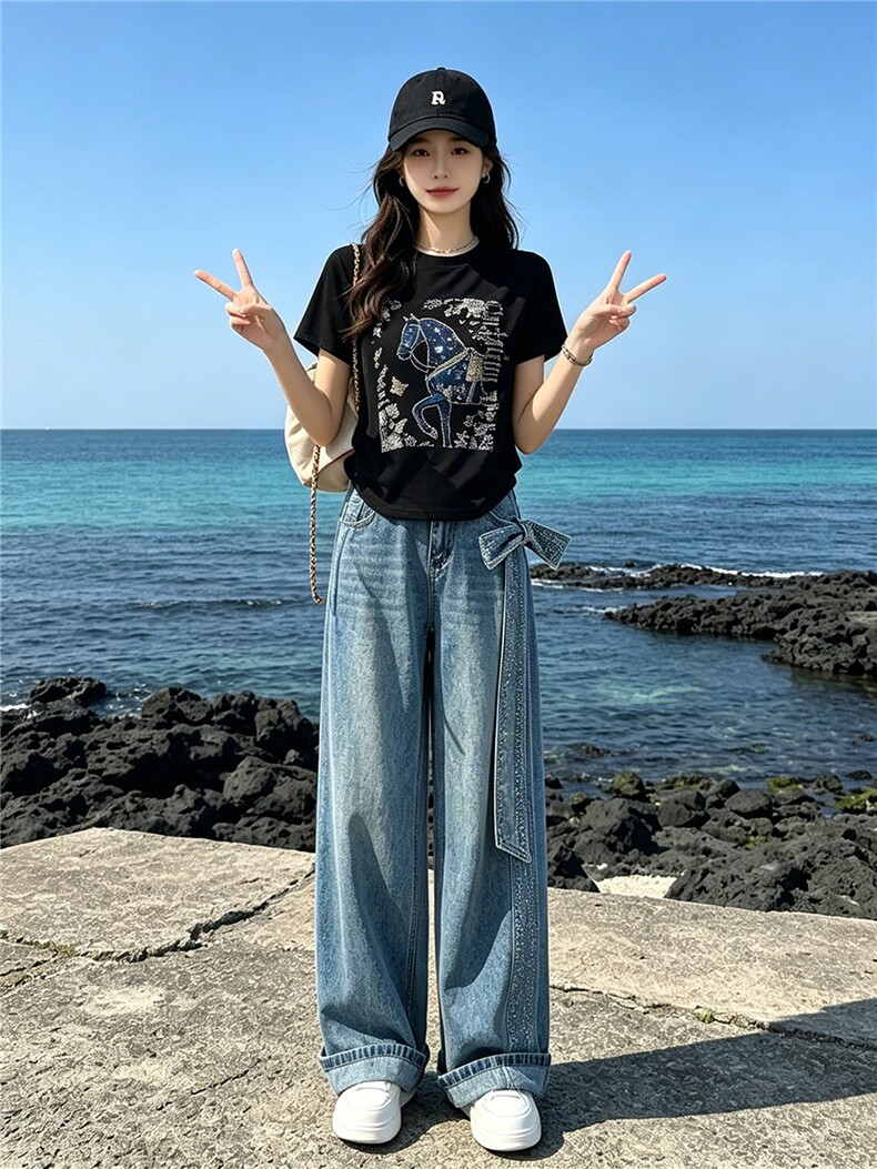 甜美时尚休闲套装女夏季新款圆领印花烫钻上衣设计牛仔长裤两件套,女装套装/套裙,江南