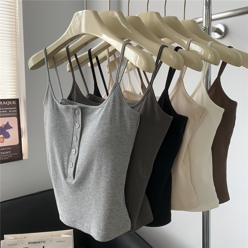 棉一字肩带胸垫背心女设计感外穿吊带弹力修身显瘦百搭短款上衣，女装背心吊带，梦白服饰厂