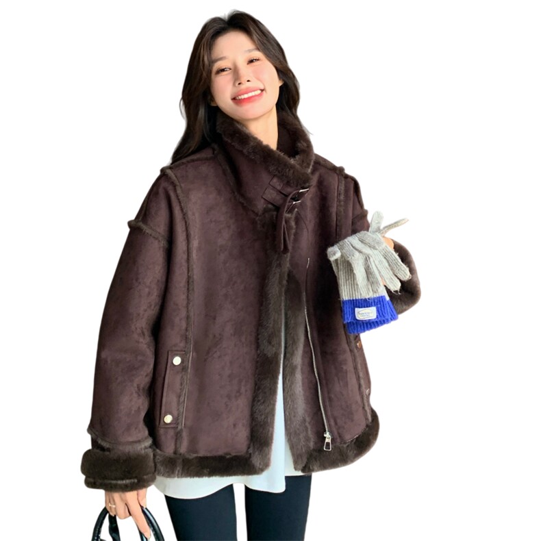 咖色仿皮毛一体羊羔毛外套女秋冬2025新款韩系小个子加厚保暖棉服,女装皮草,2C218