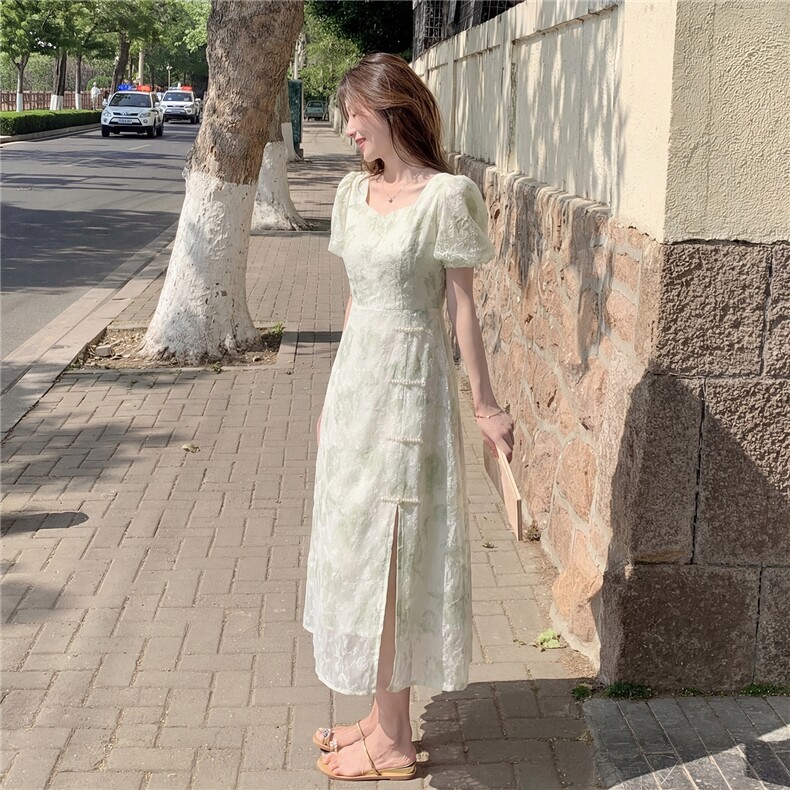 新中式给g风盘扣印花收腰连衣裙,女装连衣裙,采品优优