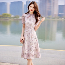 2023新款夏装女装复古立领碎花中长款减龄显瘦旗袍裙连衣裙，女装连衣裙，安之芮娜