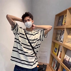 Q032条纹圆领纯棉短袖上衣男款韩版小众设计休闲宽松百搭半袖t恤，男装T恤，星座308A-1（原309B-1）