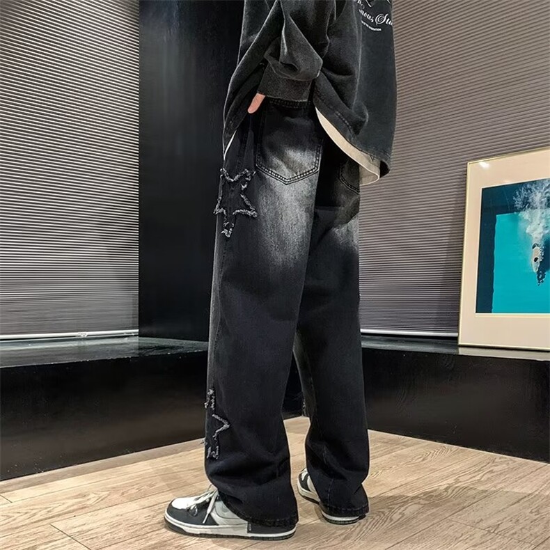 五角星牛仔裤男美式高街潮牌裤子直筒宽松拖地阔腿裤子N8883-P45,男装牛仔裤,星座1008