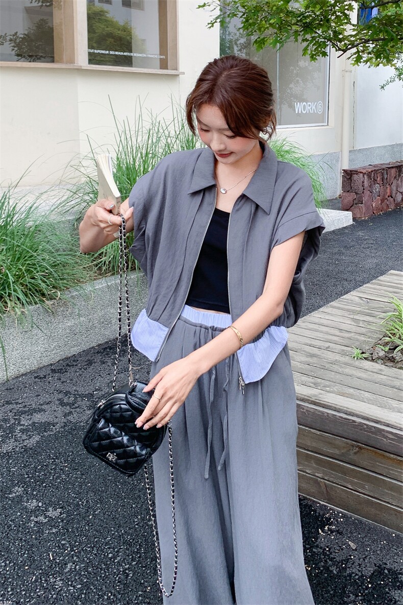 休闲工装灰色上衣阔腿裤套装女夏季大方得体穿搭松弛感两件套爆款,女装套装/套裙,2C057