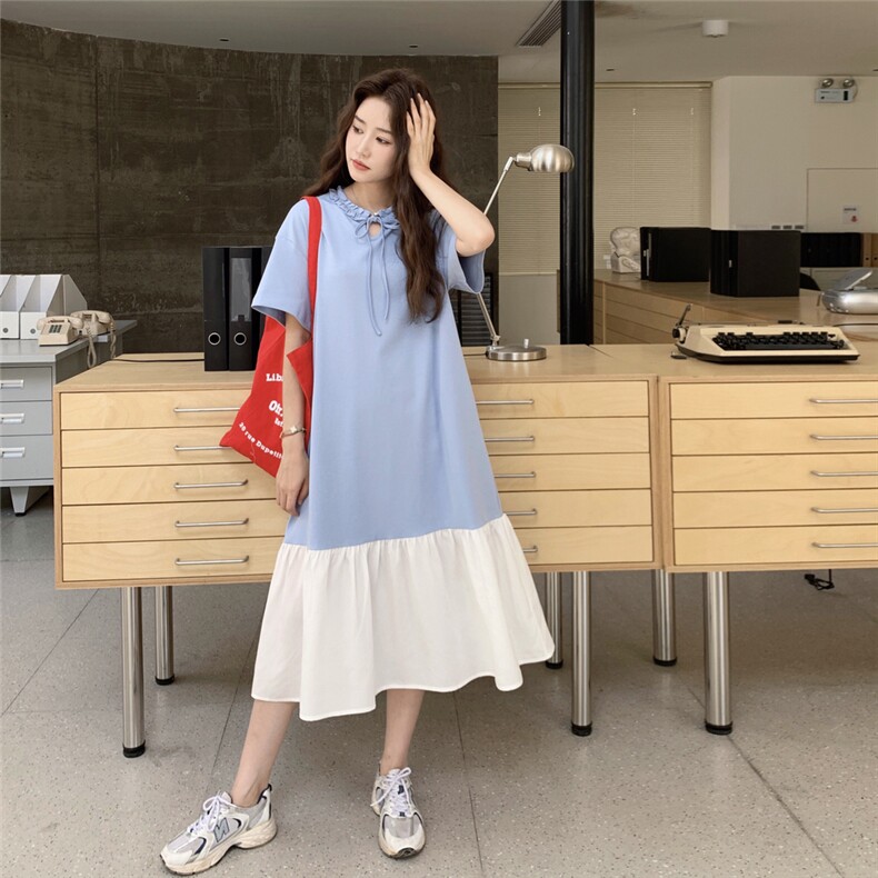 法式蓝色拼接连衣裙女夏小个子超火衬衫裙鱼尾裙甜美风初恋桔梗图片