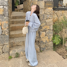 蓝色休闲套装女2025春季新款韩系甜美减龄木耳边外套阔腿裤两件套，女装套装/套裙，2C301