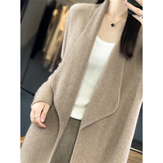 中长款翻领100%纯羊毛开衫女25秋冬宽松慵懒长袖外套针织羊绒大衣，女装羊毛衫，绒汀羊绒