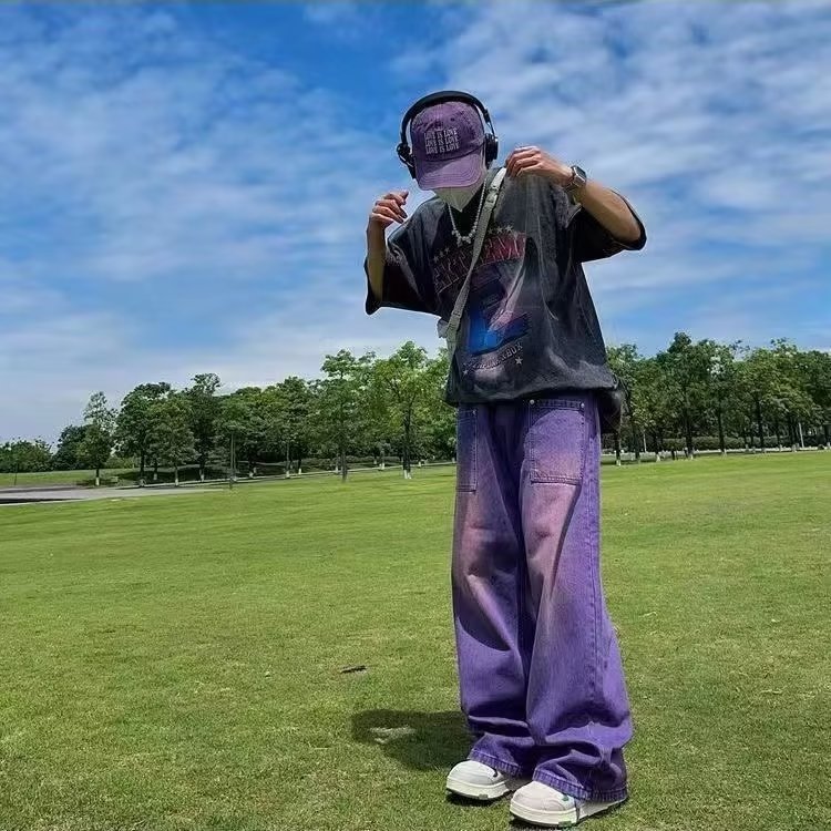 美式高街紫色直筒牛仔裤男女街头潮牌嘻哈复古宽松阔腿拖地长裤潮,男装休闲裤,星座310B-1