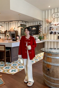 国风新中式女装盘扣纯羊毛呢外套女宽松宋锦刺绣圆领双面羊绒大衣图片