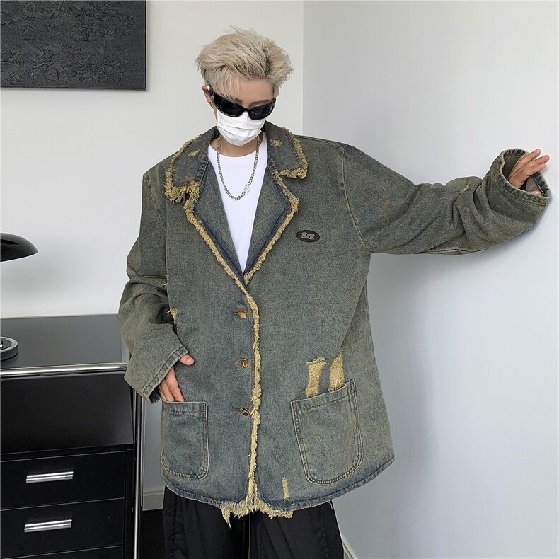 美式复古做旧毛边破洞牛仔西装领外套男女秋潮牌夹克JK8922-P65,男装夹克,星座1001-1