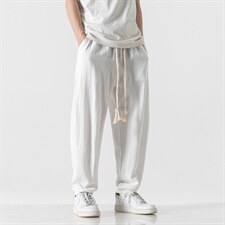 夏大码风棉麻亚麻裤哈伦日系宽松休闲直筒阔腿裤薄K198/P55，男装休闲裤，钱塘713