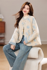 冬季新款新中式小立领重工刺绣双口袋宽松版洋气时尚棉衣外套女，女装棉衣/棉服，宝儿家