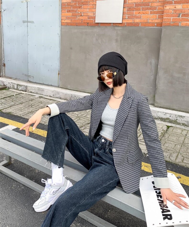 现货，春软，格子西装收腰型外套，女装西装，锦华秀逸