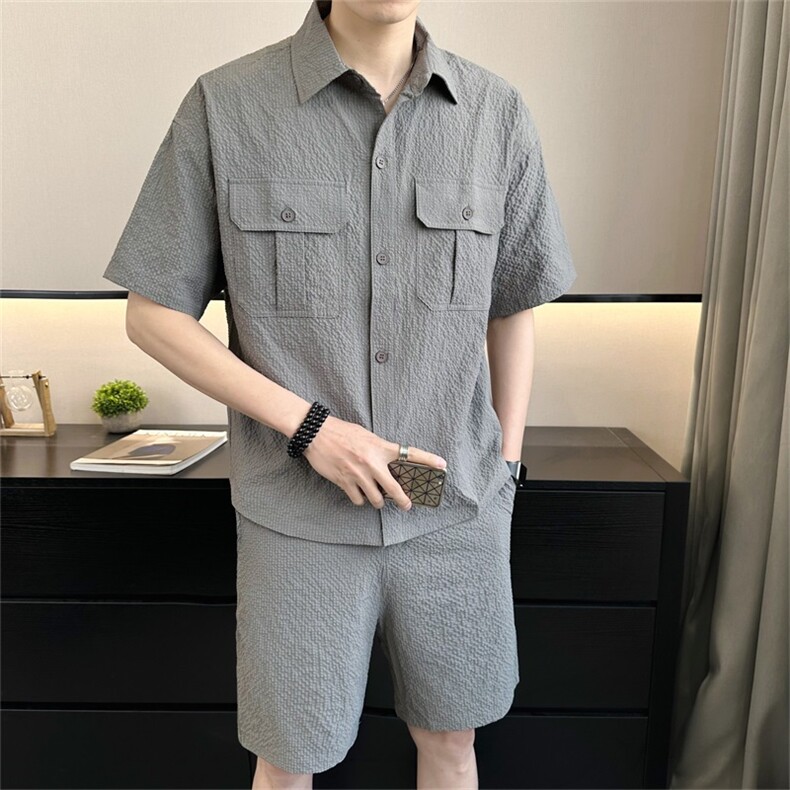 2025夏季冰丝短袖短裤透气褶皱两件套运动休闲套装2716-P95,男装牛仔裤,电商A413