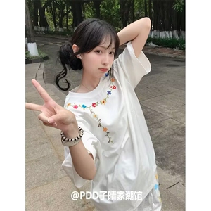 原创刺绣短袖碎骨花圈刺绣工艺潮男女情侣夏季宽松高级T恤图片