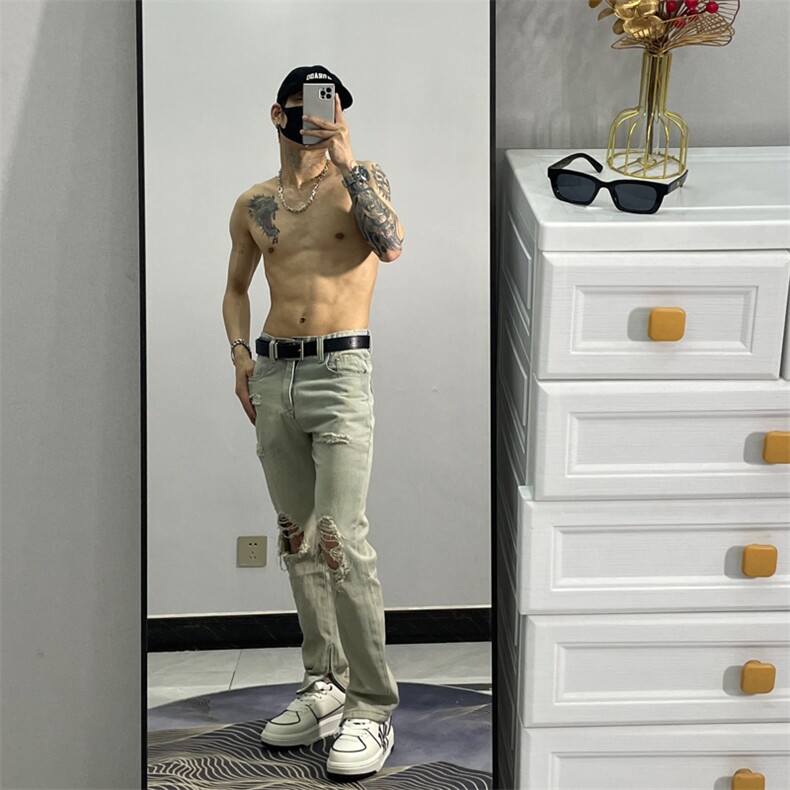 美式hiphop水洗猫须膝盖破洞牛仔裤男潮牌欧美高街JX525-P50图片