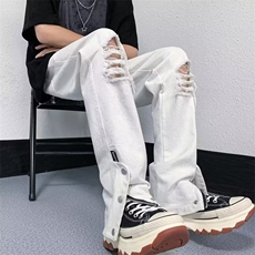 破洞牛仔裤男夏季直筒排扣休闲长裤子男微喇宽松工装裤N125，男装牛仔裤，星座1116A-1（原606A）