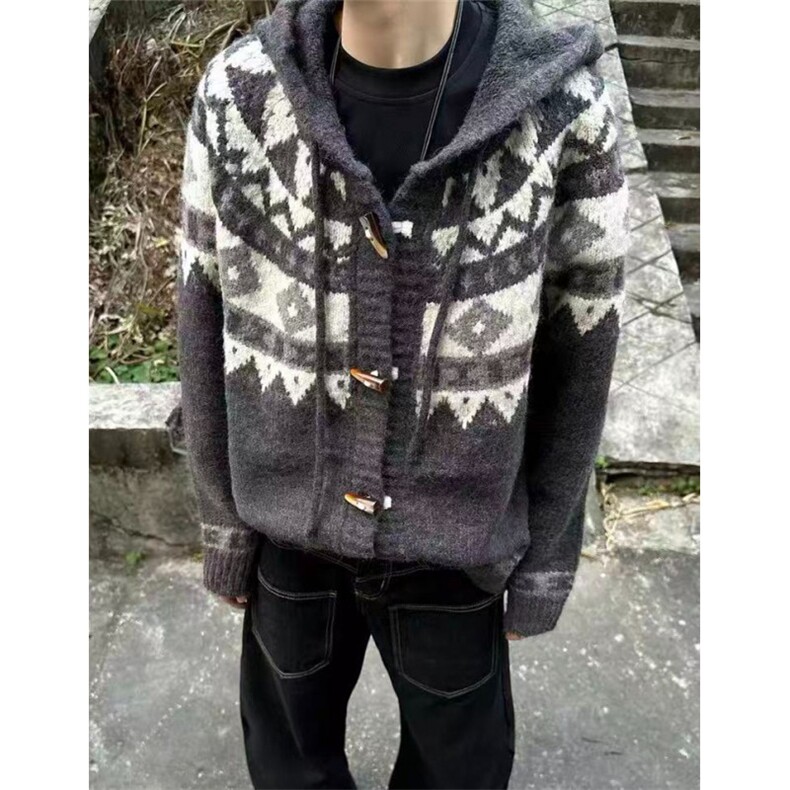 冬季新款美式牛角扣开衫毛衣男情侣慵懒松弛针织衫外套MC16，男装针织衫/毛衣，星座1116A（原606A-3）