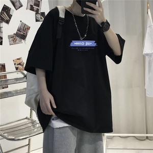 CL3男女中性圆领短袖半袖T恤衫外套大码蓝字母印花学生TEE潮宽松图片