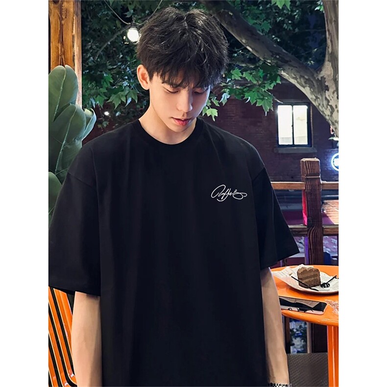 抖音得物供货210克现货宽松纯棉美式潮牌印花落肩袖纯棉T恤AT2163,男装T恤,电商A443