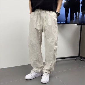 春夏男士潮牌高级感弯刀休闲裤简约百搭宽松透气纯色阔腿直筒长裤图片