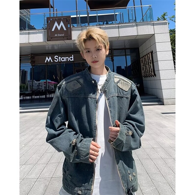 小众破洞毛边工装牛仔外套男女春秋季设计感解构复古立领机车夹克，男装工装外套，星座506A