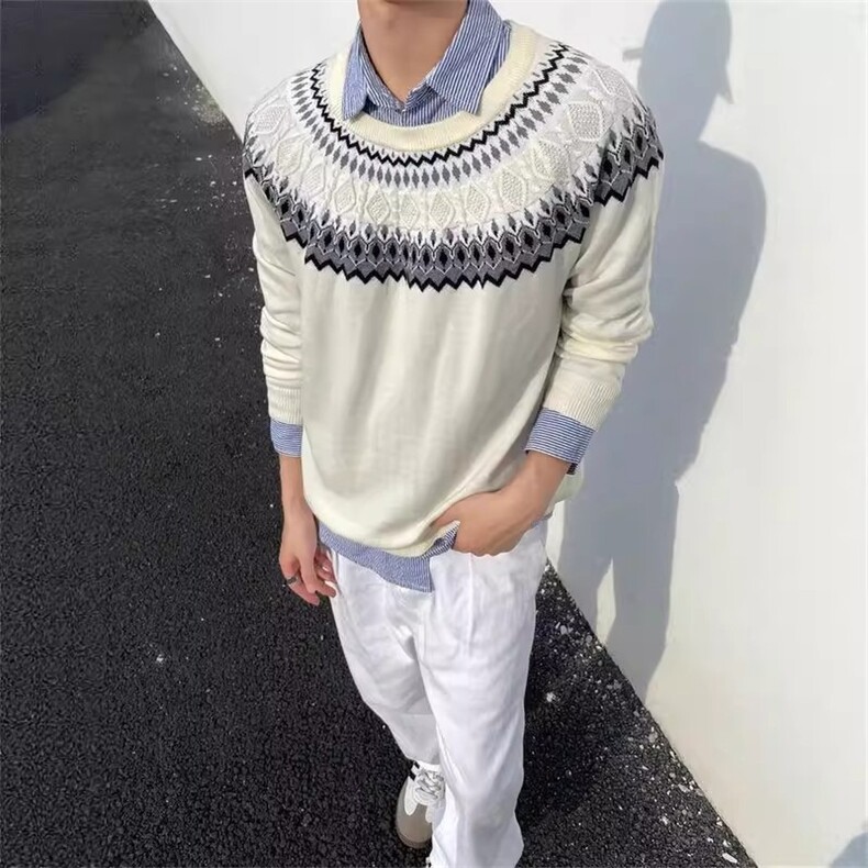 重磅秋冬装北极绒套头毛衣美式复古休闲慵懒风提花工艺针织衫外套,男装针织衫/毛衣,电商A486