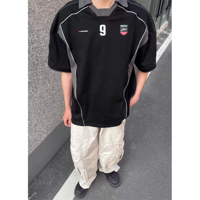 美式复古拼接设计字母印花运动风男女宽松polo领短袖T恤-CY1160图片