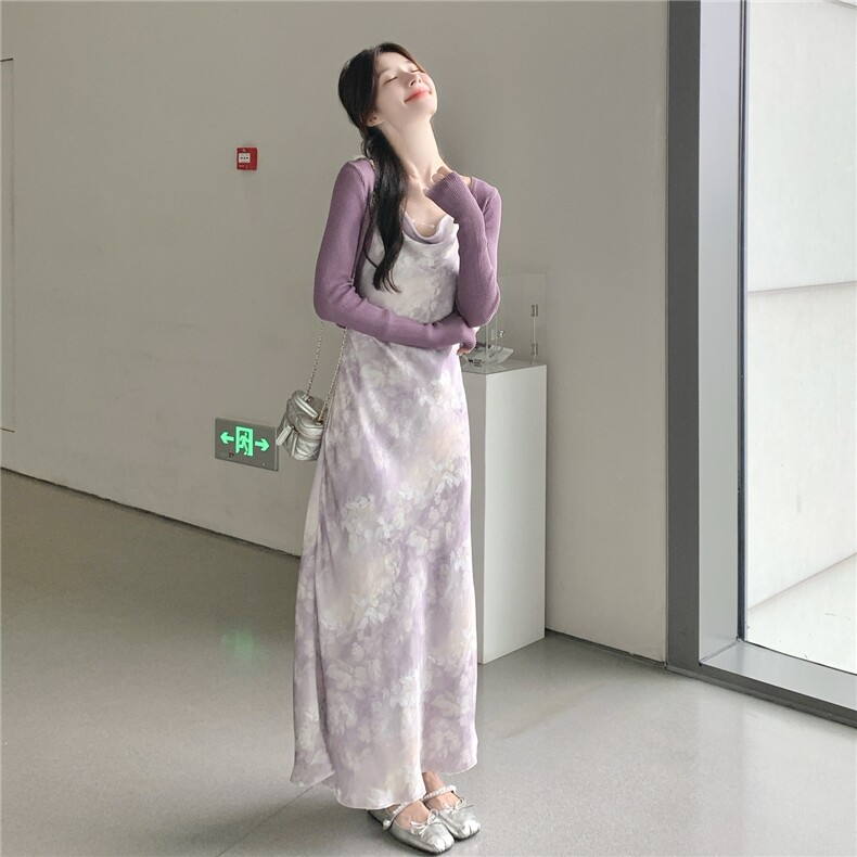 绝美气质感穿搭碎花吊带连衣裙配针织开衫女春秋超火好看长裙套装,女装连衣裙,维壹